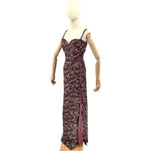 Vintage 90s Tosca New York Purple Gold Lace Silk Sequin Gown
